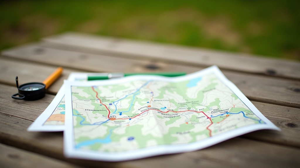 Otevřená papírová mapa s trasou označenou tužkou a kompas na straně mapy