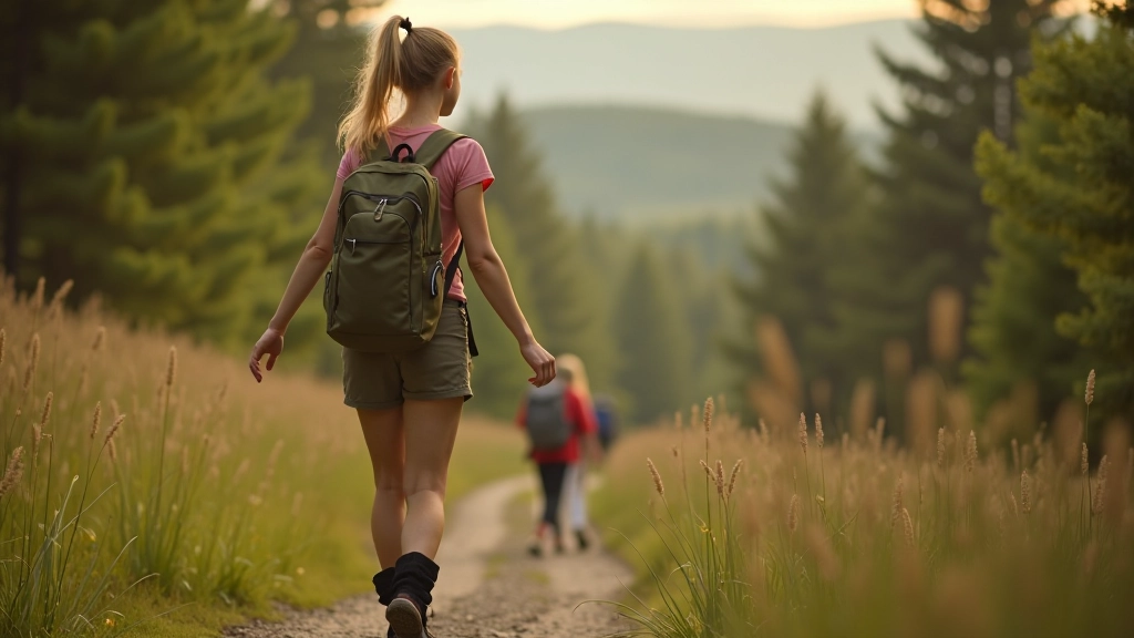 Starší žena v trekingových botách stojí na horské stezce se zdravím a úsměvem